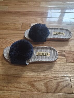 Blue Pom-Pom Slide Sandals for Women